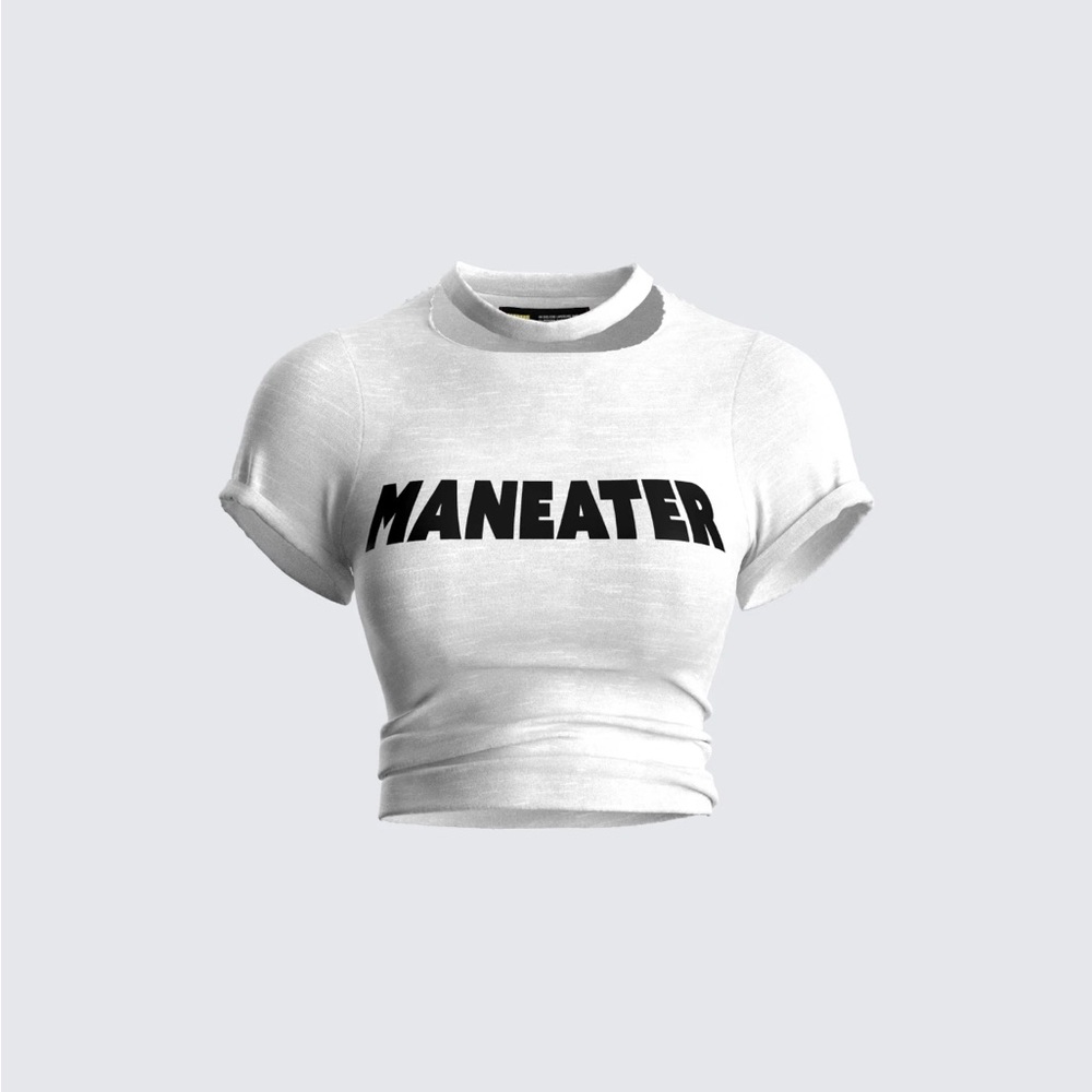White Cropped T-Shirt with Black 'MANEATER' Print